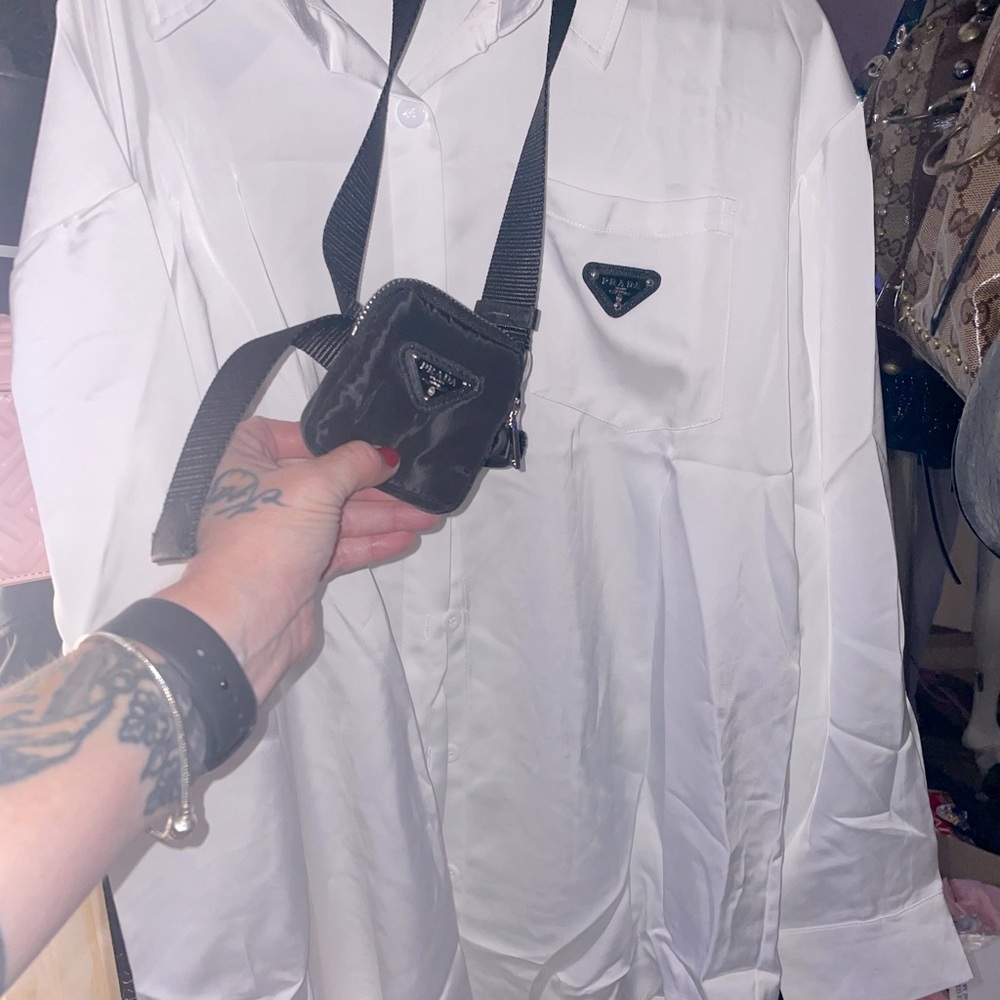 Large silky thick Prada shirt The belt is so fly!!brings outfit together!!